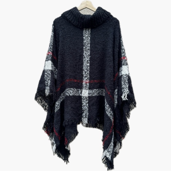 Olivia Sky Plaid Cowl Neck Oversized Poncho with Fringe Sz L/XL - Picture 2 of 7